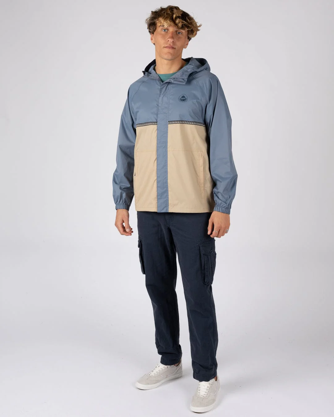 Rainer Tribal Mens Waterproof Packable Rain Jacket in Blue/Beige - Image 10