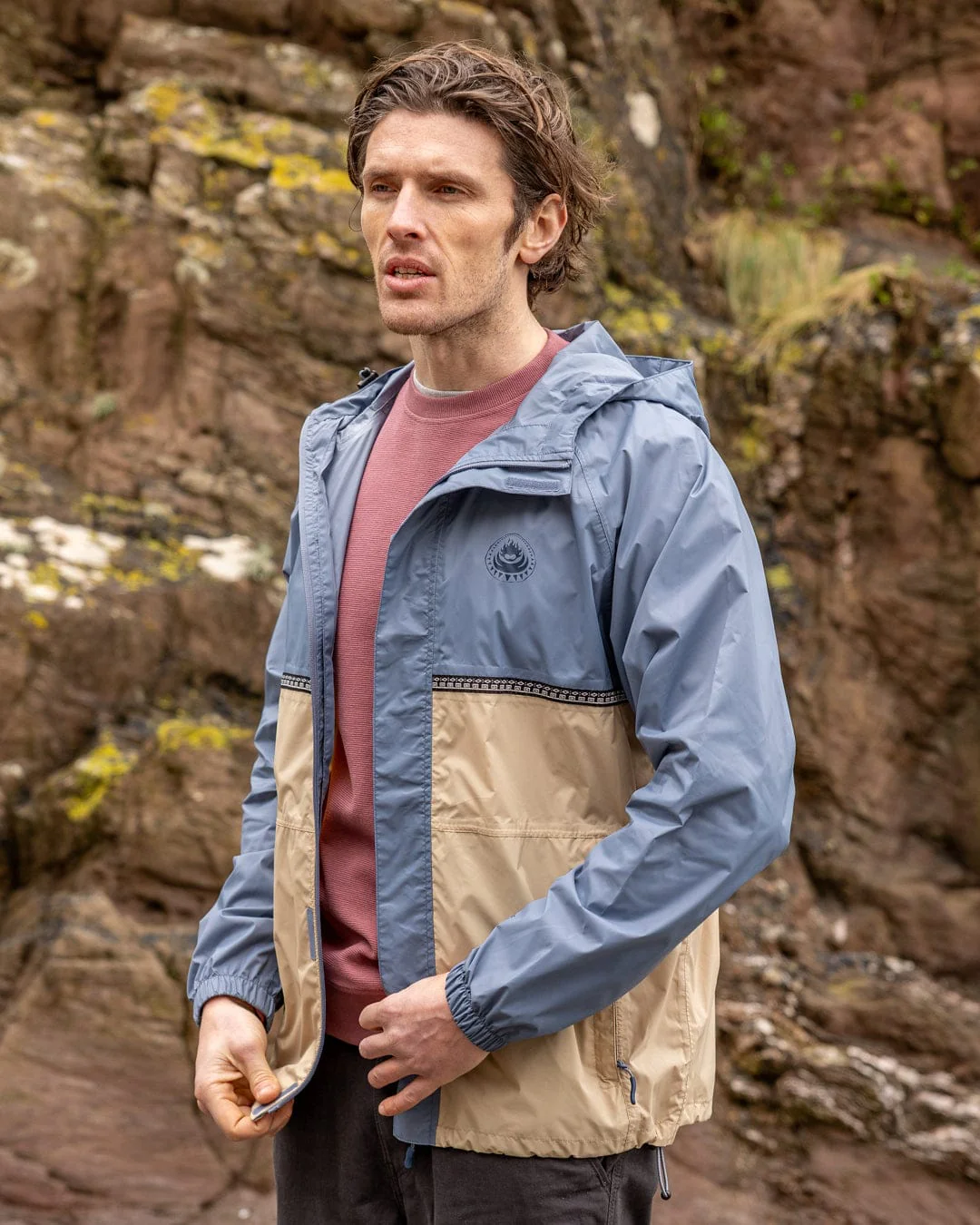 Rainer Tribal Mens Waterproof Packable Rain Jacket in Blue/Beige - Image 2