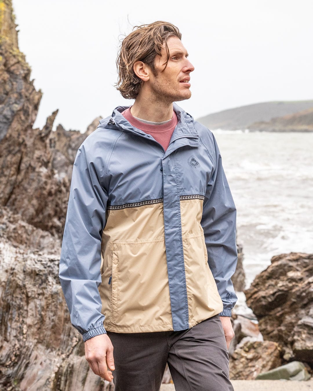 Rainer Tribal Mens Waterproof Packable Rain Jacket in Blue/Beige - Image 6