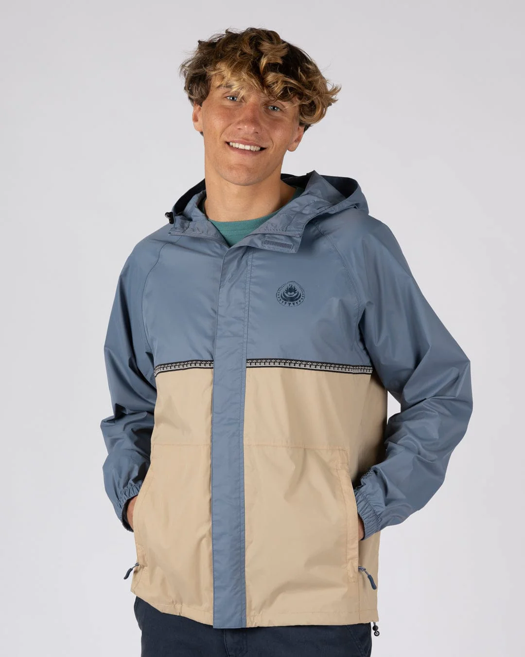 Rainer Tribal Mens Waterproof Packable Rain Jacket in Blue/Beige - Image 7