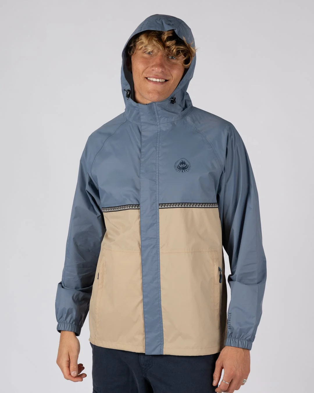 Rainer Tribal Mens Waterproof Packable Rain Jacket in Blue/Beige - Image 8