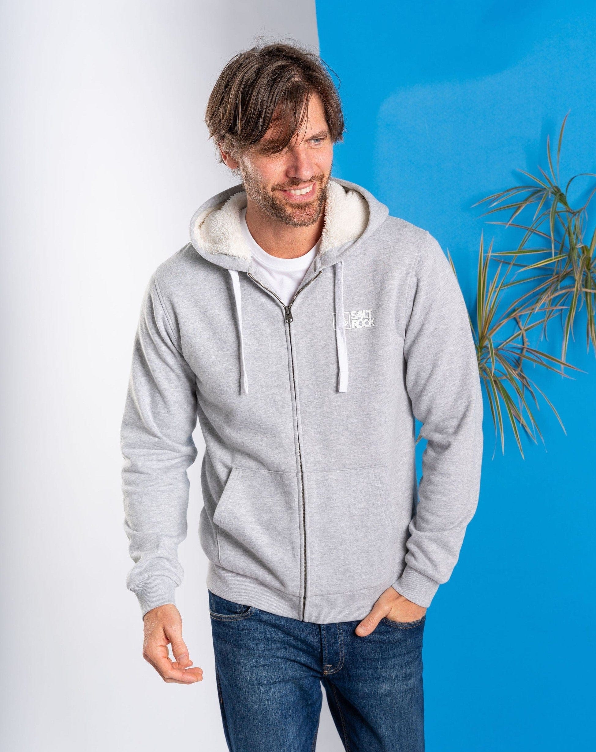 Essential Mens Fur Lined Zip Hoodie in Grey