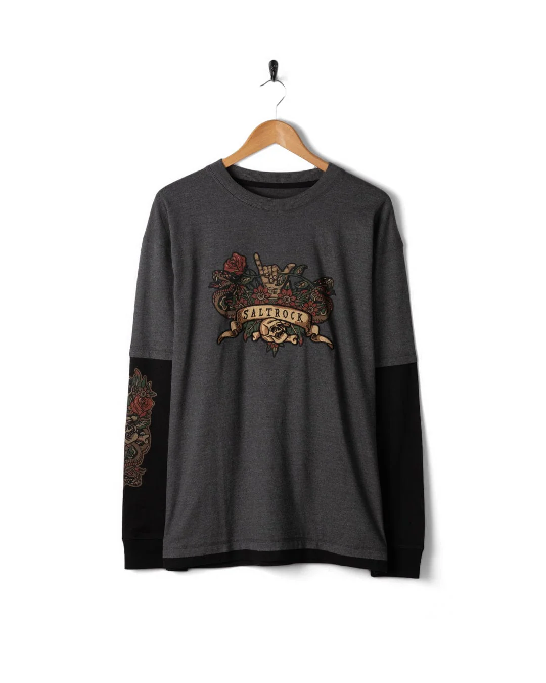 Shaka Tattoo Mens Oversized Long Sleeve T-Shirt in Dark Grey - Image 5