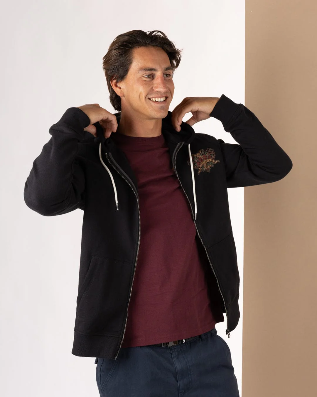 Stag Tattoo Mens Zip Hood in Black - Image 4