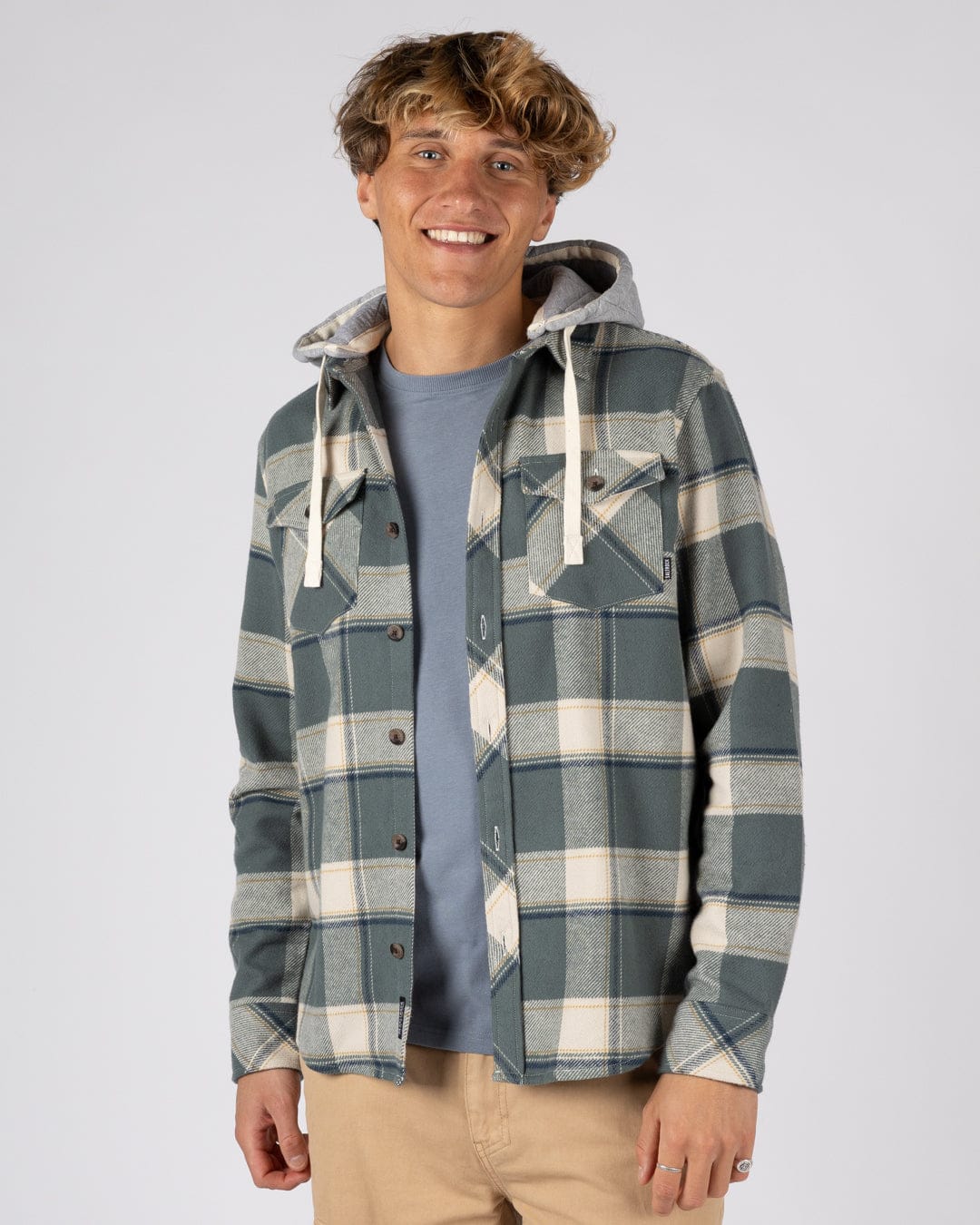 Strait Mens Hooded Flannel Shirt in Green - Image 2