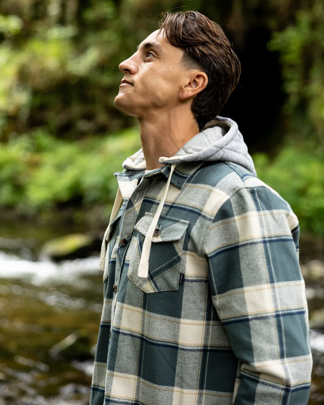 Strait Mens Hooded Flannel Shirt in Green - Image 3
