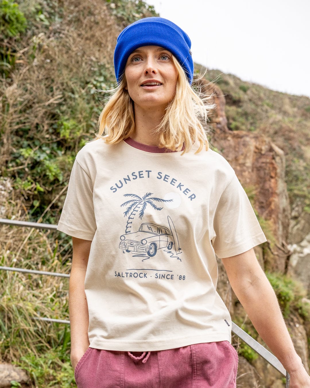 Sunset Seeker Womens Boxy Short Sleeve T-Shirt in Cream - Image 3