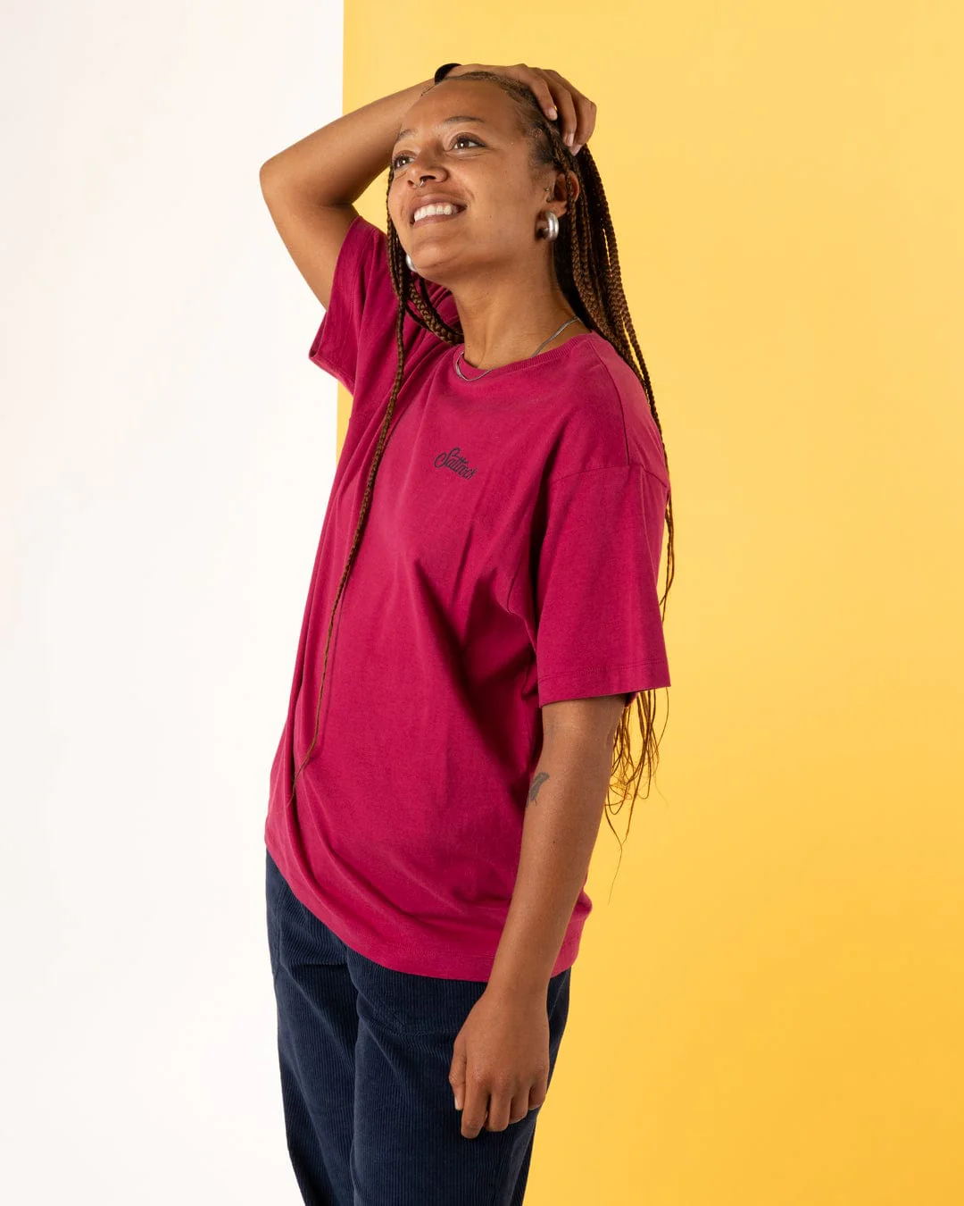 Trader Floral Womens Oversized Short Sleeve T-Shirt in Dark Pink - Image 2