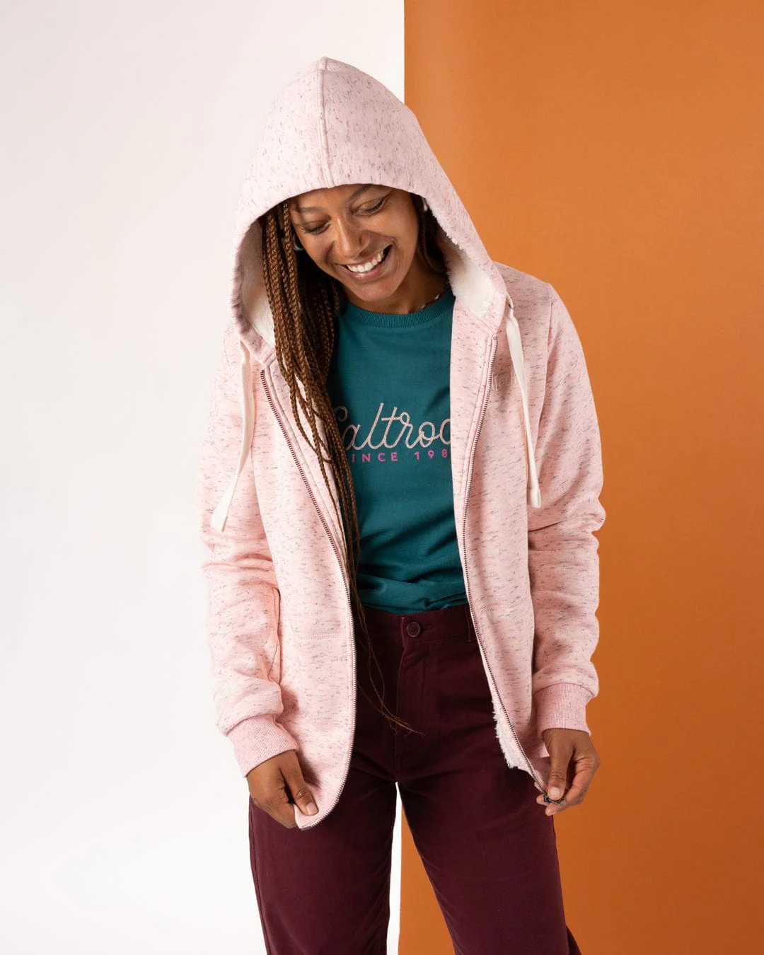 Trader Sleeve Womens Borg Lined Hoodie in Light Pink