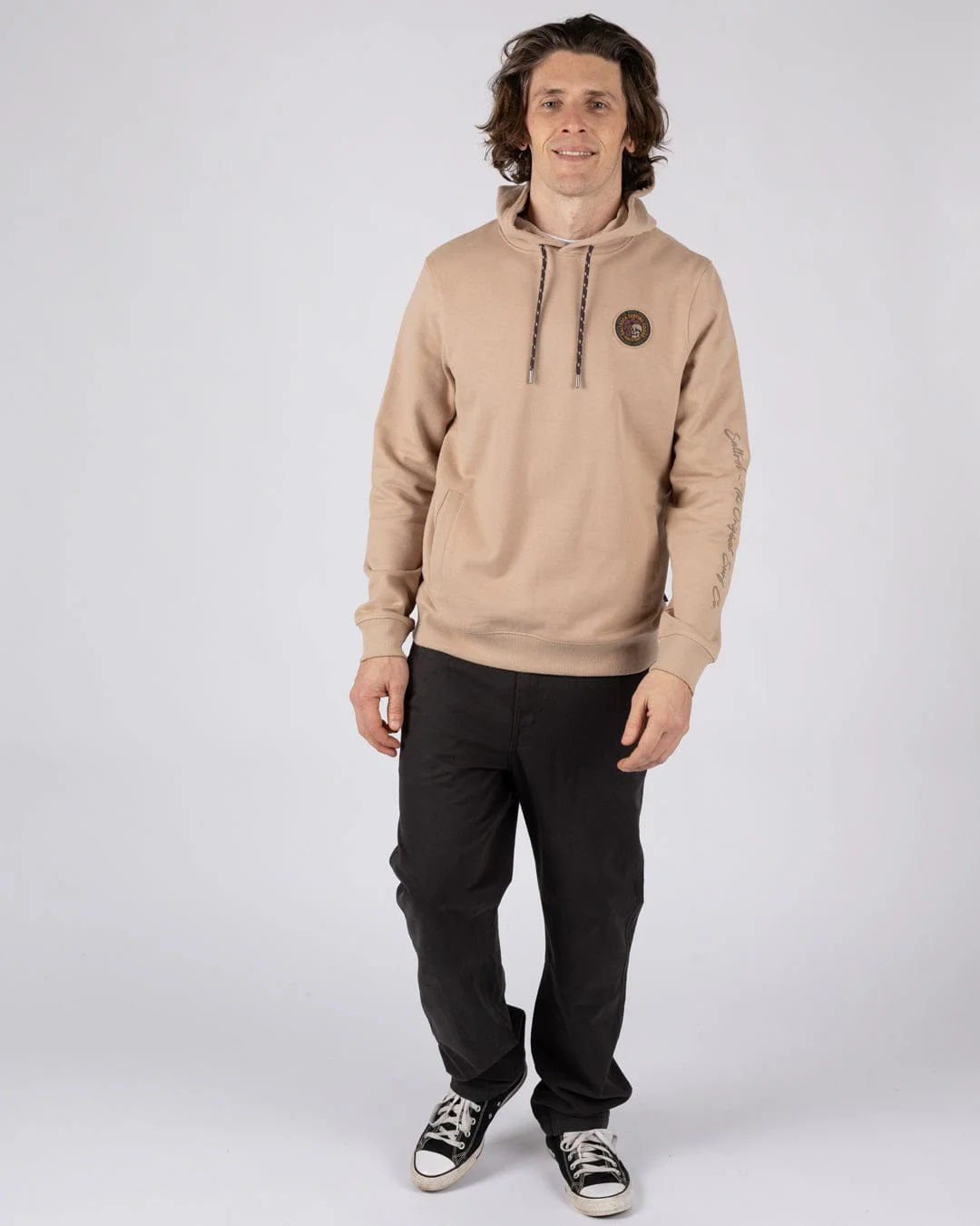 Trail Slogan Mens Pop Hoodie in Beige - Image 5