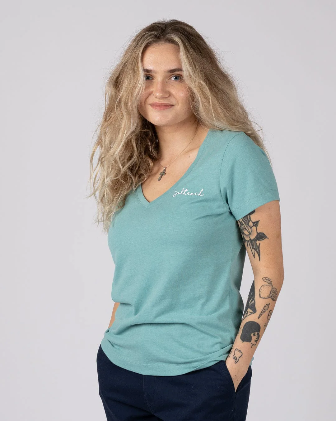 Essential Womens Short Sleeve V-Neck T-Shirt in Blue - Image 5