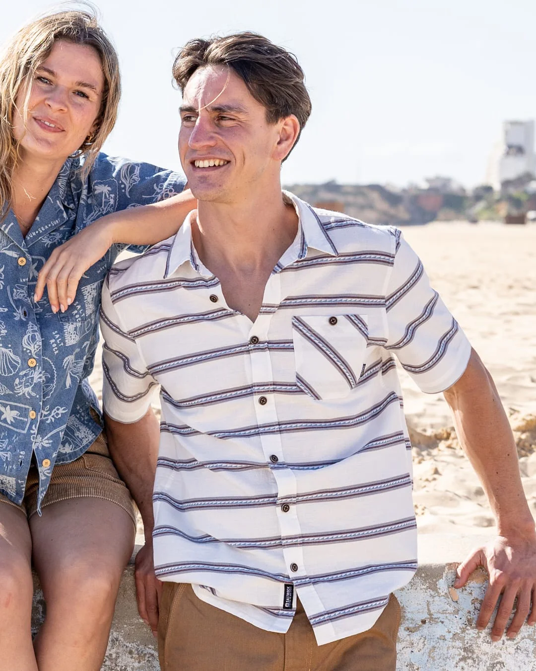 Waves Mens Short Sleeve Jacquard Shirt in Cream - Image 2