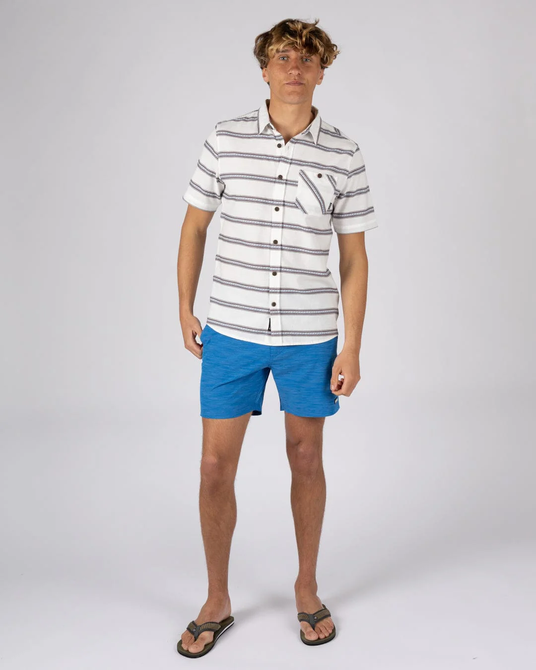 Waves Mens Short Sleeve Jacquard Shirt in Cream - Image 5