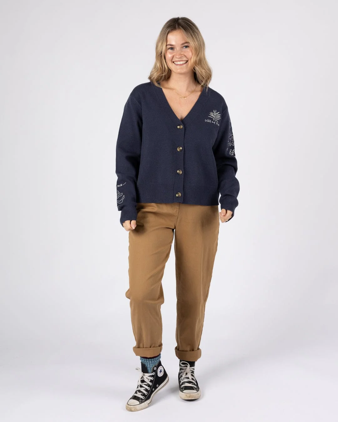 Winter Serenity Womens Knitted Embroidered Cardigan in Blue - Image 3