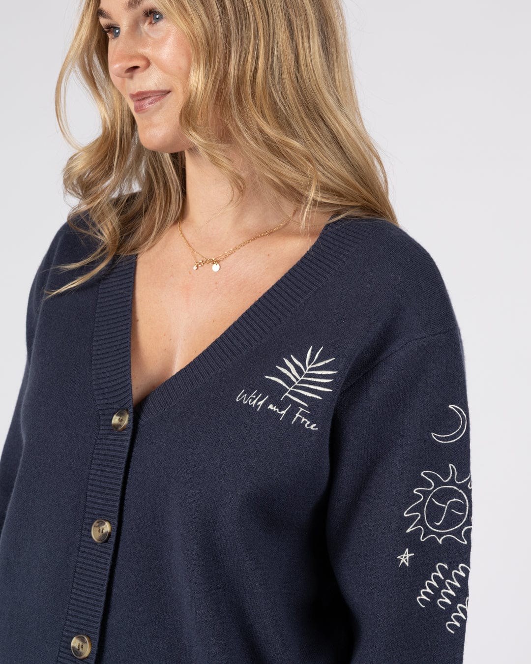 Winter Serenity Womens Knitted Embroidered Cardigan in Blue - Image 4