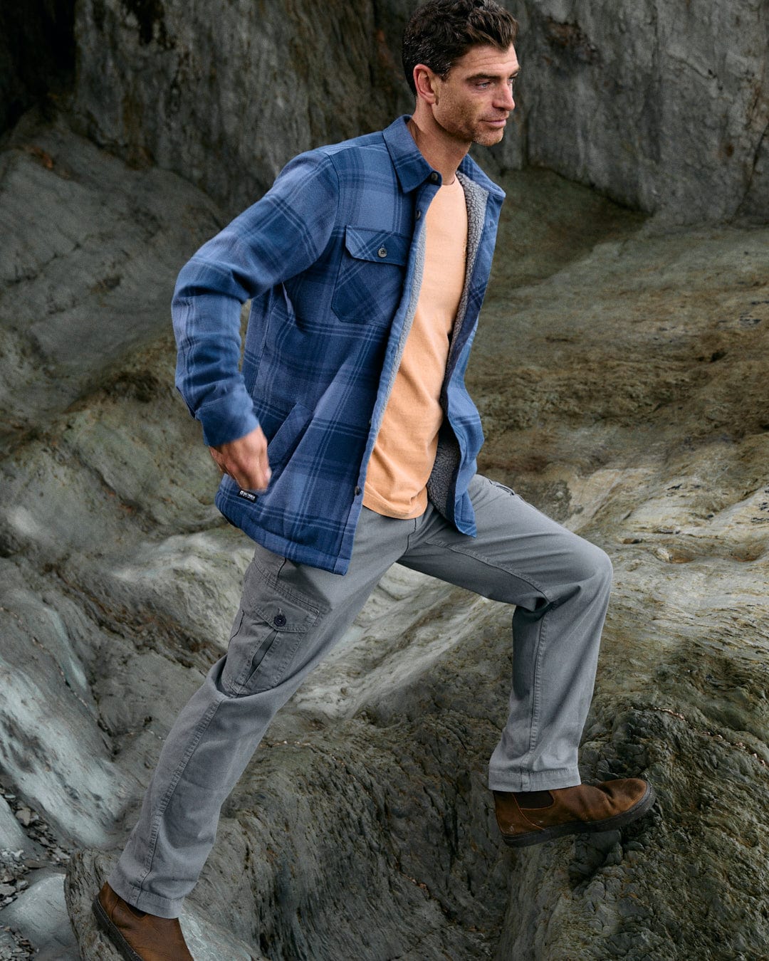 Woody Mens Sherpa Lined Shacket in Mid Blue - Image 3