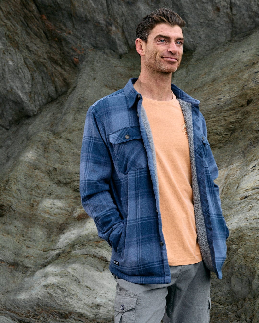 Woody Mens Sherpa Lined Shacket in Mid Blue - Image 5