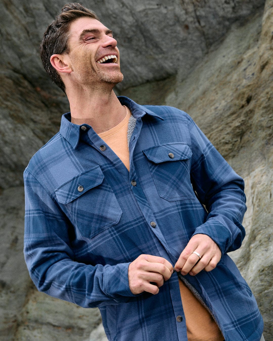 Woody Mens Sherpa Lined Shacket in Mid Blue - Image 7